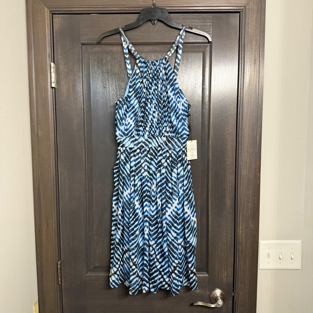 Calvin Klein NWT Women Blue Abstract Chevron Chiffon Halter Dress‎ Chain Strap 4